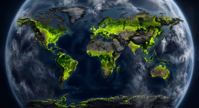Dark Sphere World Map Glowing with Bioluminescent Green Digital Network Lines