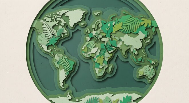 Layered Green Paper Cut World Map Sculpture with Botanical Leaf Elements