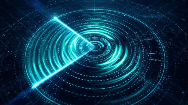 Radar screen sweeps luminous beam around circular range markers. Technical interface presents continuous monitoring data through cyan rings, targeting commercial surveillance and detection.
