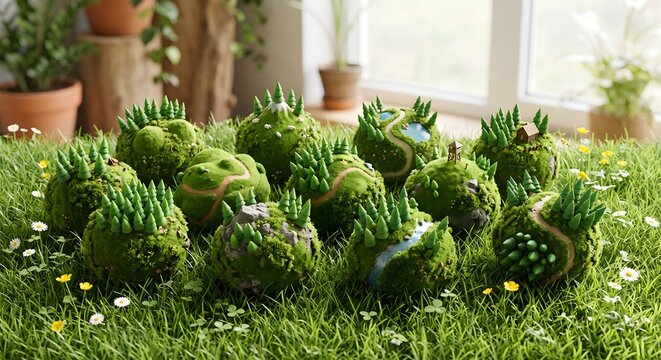 Cluster of Spherical Mossy Globuses Resting Neatly Together on Green Grass Lawn