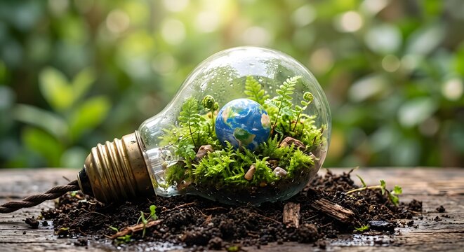 Vintage Glass Lightbulb Containing a Micro Ecosystem with Tiny Earth Globe Inside