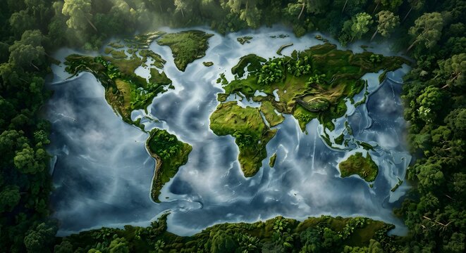 Satellite Style View of Green World Map Terrain Surrounded by Ocean and Cloud Layer