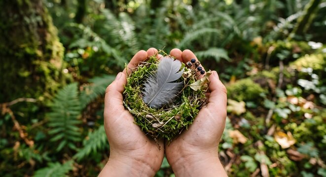 Child Hands Holding a Natural Moss Nest Containing a Delicate Feather and Sprout