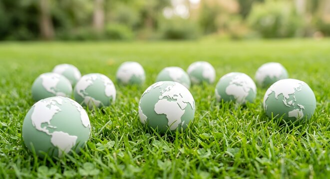 Row of Smooth Polished Stone Spheres and Grassy Balls Arranged on Lawn