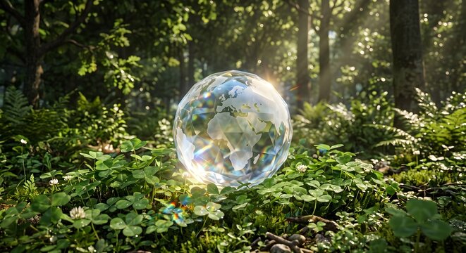 Clear Glass Crystal Sphere Resting on Moss in a Bright Sunlit Forest Woodland