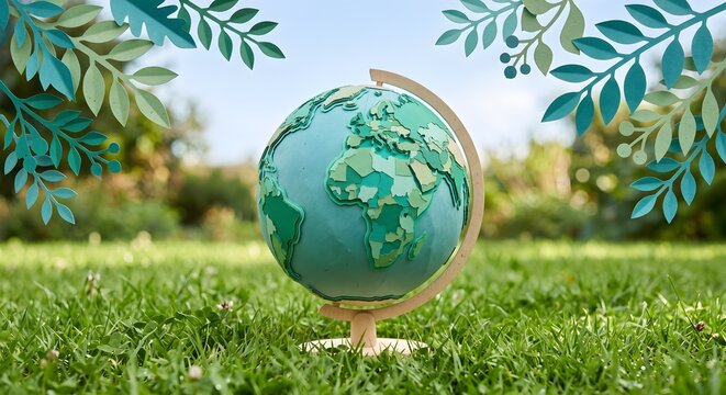 Stylized Green Earth Globe Model Standing on Wooden Stand in Outdoor Meadow