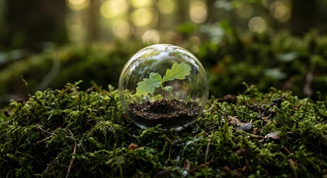 Small Clear Glass Terrarium Sphere Placed on Forest Moss Ground with Tiny Plant