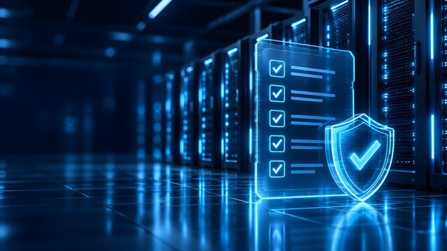 Cybersecurity compliance concept with glowing digital checklist and protection shield in modern server room data center