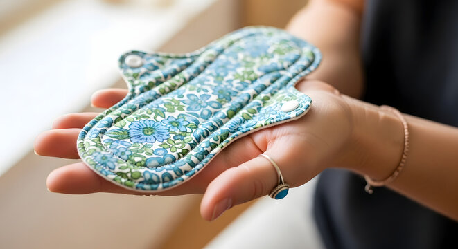 Woman holding eco-friendly reusable menstrual pad in bright floral design