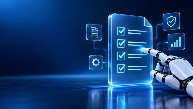 Robotic hand interacting with digital compliance checklist hologram representing automated business audit and quality control