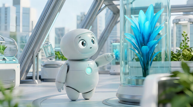 Futuristic robot with a cat face stands outdoors in a modern city environment