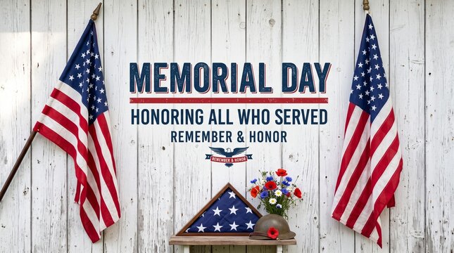 American flags framing memorial day tribute display with patriotic wreath and text overlay on rustic wooden background