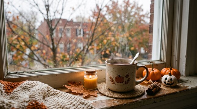 Relaxed professional enjoying hot beverage and pastry during autumn break in cozy home office with natural daylight