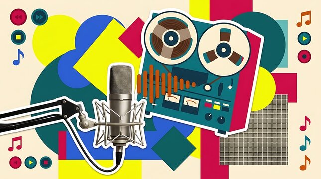 Professional studio microphone on boom arm next to vintage reel to reel tape recorder on colorful geometric background representing music production and audio engineering media industry concept