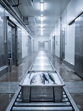 Fresh fish on ice moving on conveyor belt in seafood processing plant.