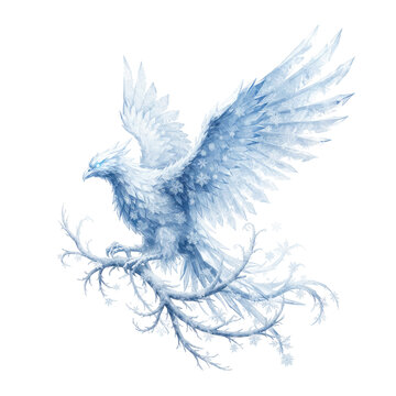 Ice Phoenix Perched on a Frosty Branch with Wings Spread