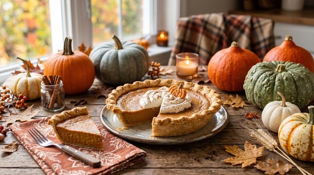 Homemade pumpkin pie with autumn decorations on rustic wooden table for seasonal dining