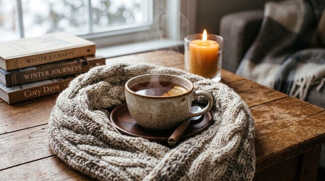 Cozy workspace setup featuring warm drink and knitted blanket on wooden desk by window