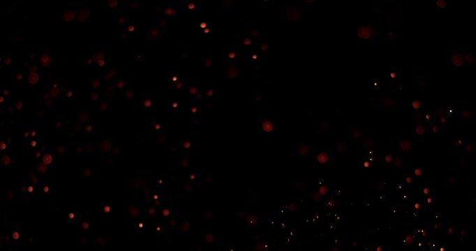Ultra slow motion floating embers and glowing sparks on black background captured at 1000 FPS. Atmospheric fire particles drifting through darkness, ideal for cinematic overlays.
