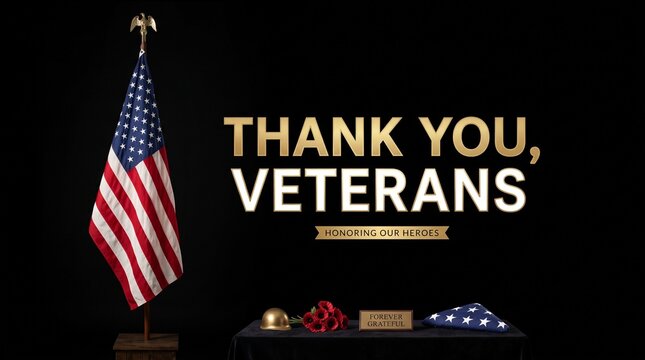 American flag display honoring veterans with patriotic gifts and text overlay