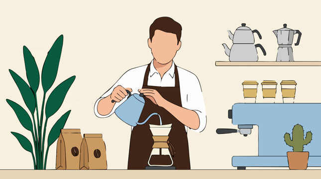 Illustration of a barista preparing pour-over coffee in a coffee shop