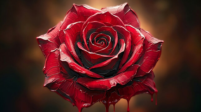 Vibrant blooming red rose oil painting on dramatic dark background symbolizing passion romance love and artistic elegance