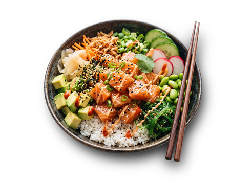 Poke Comida Havaiana e Japonesa com Ingredientes Frescos: Salm&atilde;o, Atum, Abacate, Arroz, Algas e Molho de Soja. Prato Colorido, Tropical, Gourmet e Saud&aacute;vel, Ideal para Gastronomia