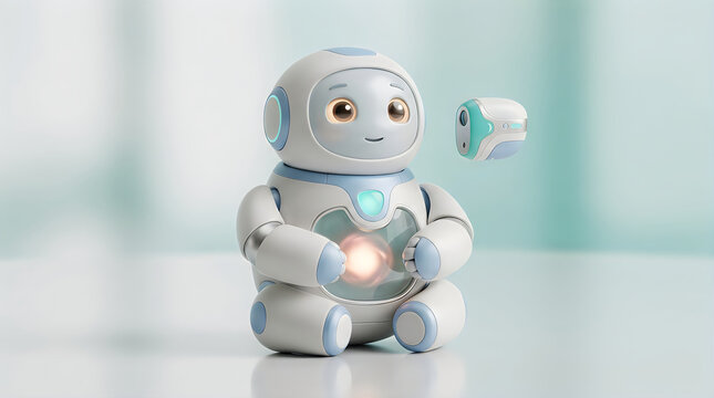 Cute robot toy sitting on a shiny surface with a blurred background