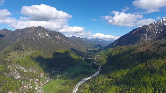Aerial view of Soca river valley and mountains, Slovenia.
