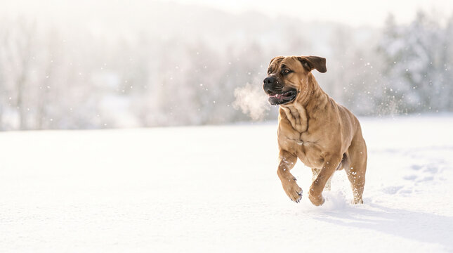 Dog running in snow with joyful expression during winter morning  