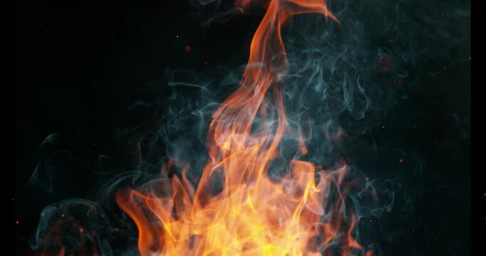 Ultra slow motion fire flames with glowing embers and sparks on black background captured at 1000 FPS. Dramatic combustion effect ideal for cinematic overlays and visual effects.