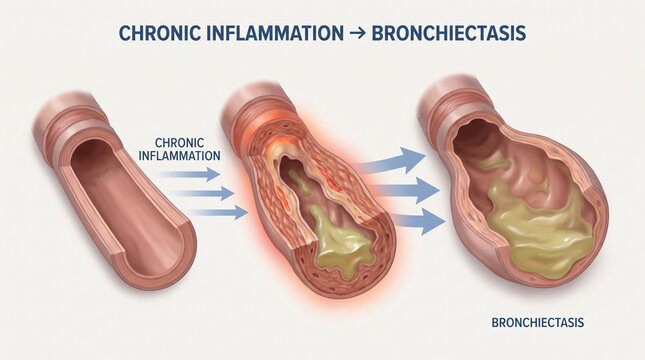 Medical Illustration Showing Chronic Inflammation Leading to Bronchiectasis