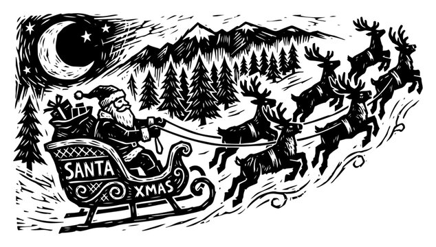Santa Claus riding sleigh with reindeer over winter landscape linocut vector illustration
