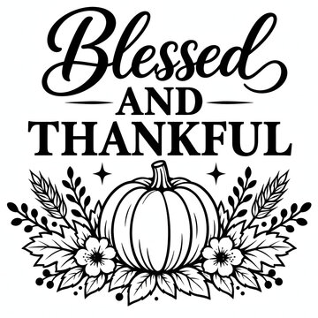 Blessed and Thankful Typography Design with Pumpkin and Floral Illustration