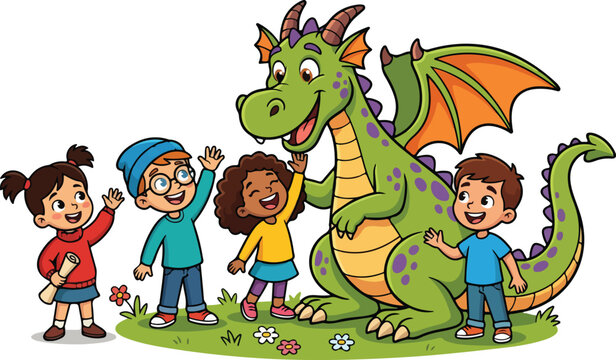 Happy children interacting with a friendly green dragon outdoors