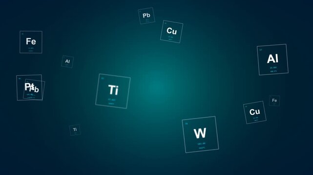 Abstract representation of fundamental chemical elements like Titanium, Aluminum, and Iron, dynamically floating, symbolizing molecular structure, material science, and scientific discovery