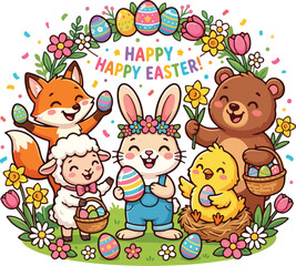 Fototapeta premium Cute woodland animals celebrating Easter together outdoors surrounded by flowers and painted eggs