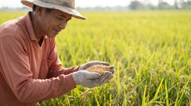 A farmer wearing a hat and gloves examines a handful of rice grains in a lush green rice paddy field under the sun.