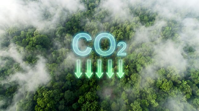 Carbon dioxide emission reduction concept with co2 holographic text floating over a lush forest canopy covered in mist environment emissions