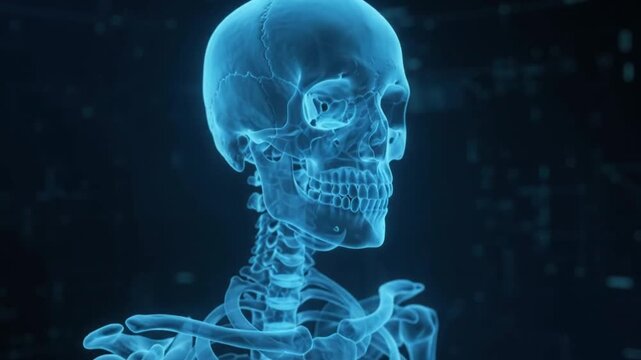 Futuristic Human Skeleton Hologram Displayed in Blue Light Medical Technology Concept