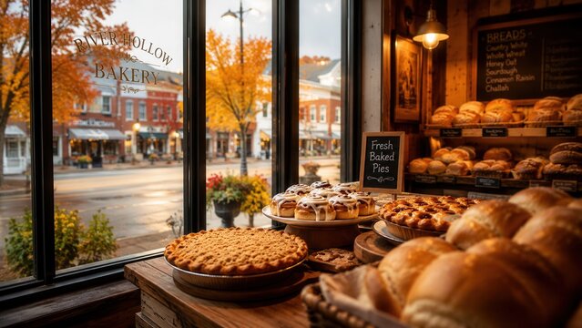 Cozy bakery interior with fresh bread and homemade pies overlooking charming autumn small town street scene