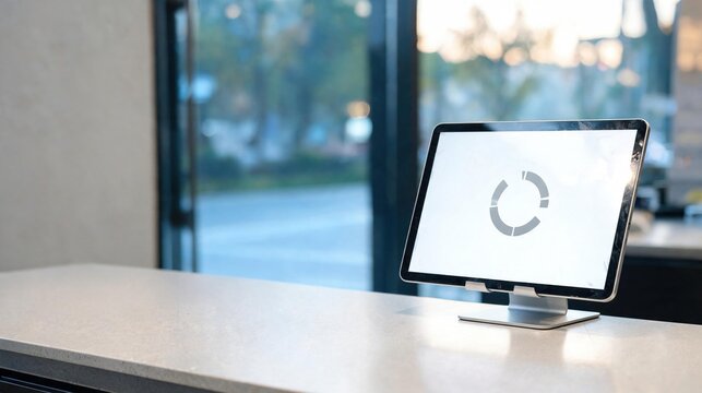 Tablet displaying loading screen in modern office with window view