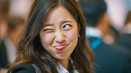 Fototapeta premium Businesswoman at business exhibition and fair showing playful face winking and sticking tongue out while engaging with camera in a candid event atmosphere.