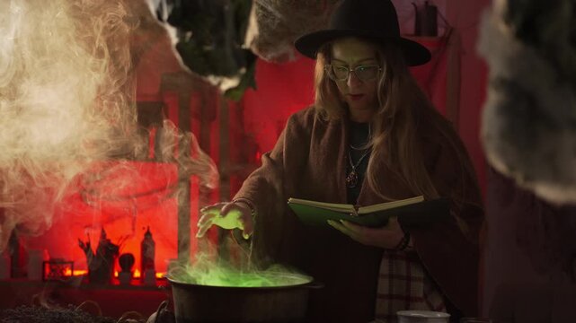 A realistic witch brewing a potion. She waves her hand over the cauldron and recites a spell from a book. Everyday life and traditional witchcraft. Magic and a mystical atmosphere.