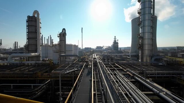 Industrial processing plant in backlight with massive towers, storage tanks, pipelines and complex machinery, showcasing large-scale production infrastructure under a bright blue sky.