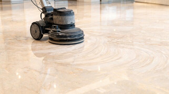 Floor polishing machine buffing marble tile in commercial space