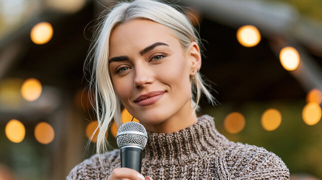Smiling woman speaking into a microphone at an evening event with public speaking