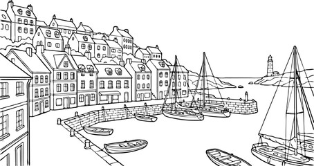 Fototapeta premium Coastal town harbor with sailboats and lighthouse, line art illustration, graphic element