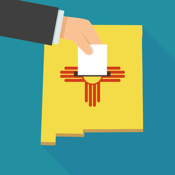 Flat design illustration symbolizing democratic elections and civic voting in New Mexico, featuring a hand casting a ballot into a state map ballot box with Zia symbol