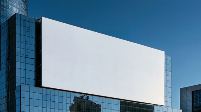 Blank white billboard on modern glass building against clear blue sky